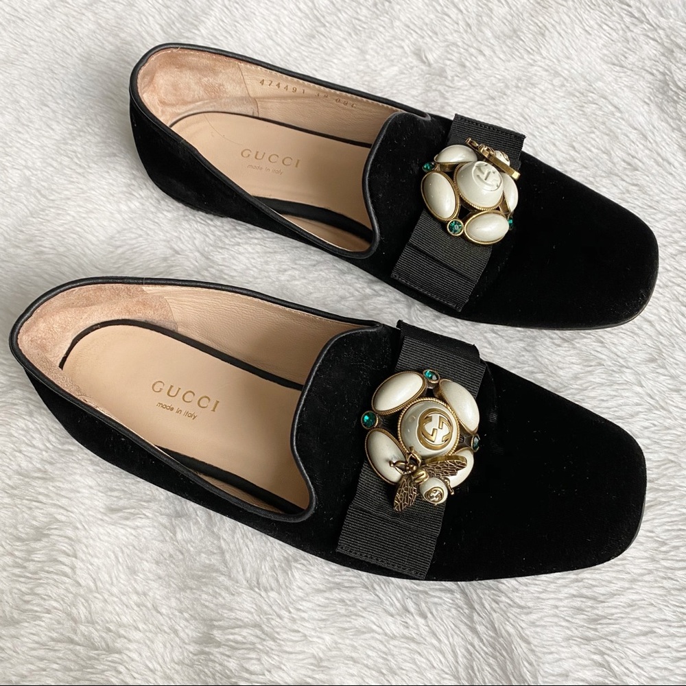 Gucci Black Velvet Jewel-Embellished Loafers - Picture 2 of 16